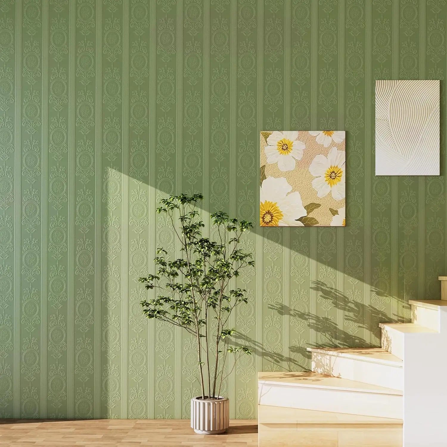 3D Green Embossed Peel and Stick Wallpaper Damask Textured Self Adhesive Wallpaper Modern Floral  Contact Paper for Living Room