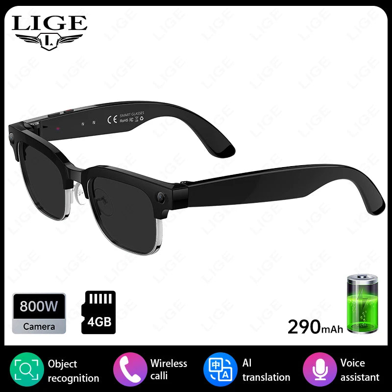 LIGE 4K AI Smart Glasses, 800W Camera, Bluetooth, Touch