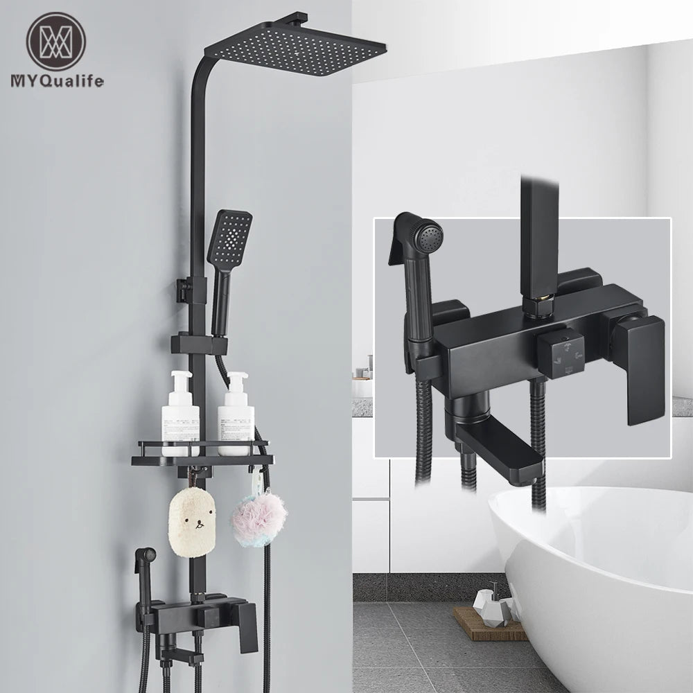Chrome Brass Shower Faucet Set Rainfall Bathtub Tap With Bathroom Shelf 4 Function Height Adjust Shower Mixer Crane Fast Delivey