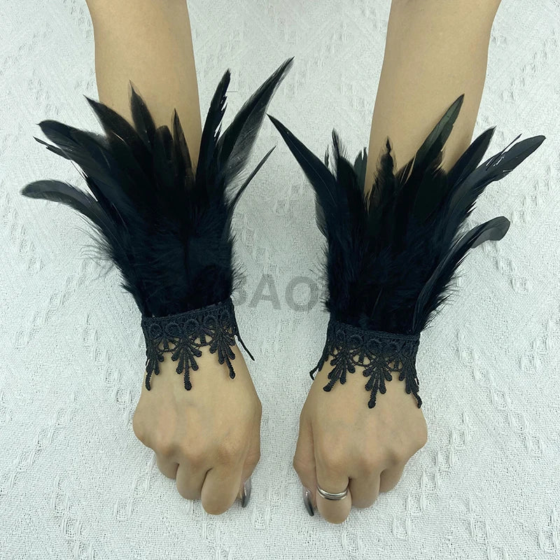 Natural Feather Sleeve Cuffs Gloves Party Cosplay Lace Wrist Cuffs Fur Sleeve Furry Accessories Carnival Stage Show Costume - Daisan Mart