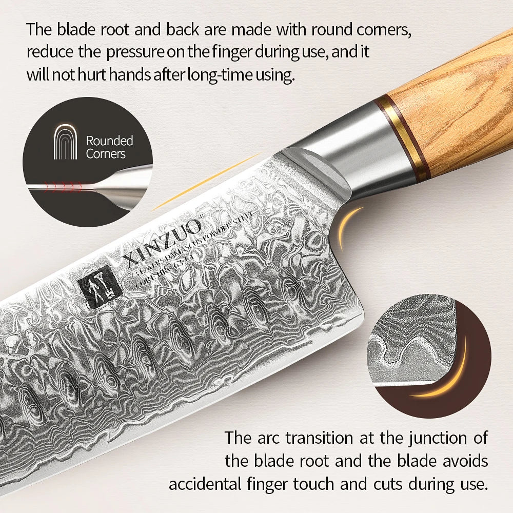 XINZUO 1PC-3PCS Damascus Japanese VG10 Steel Chef Knife Santoku Knife Utility Knife Olive Wood Handle with Copper Flower Nails - Daisan Mart