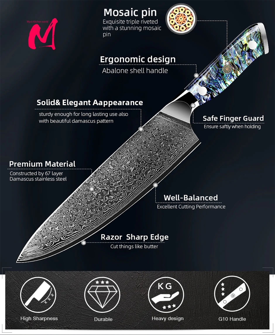 Dao Bếp Damascus VG10 67 Lớp Tay Cầm Vỏ Bào Ngư