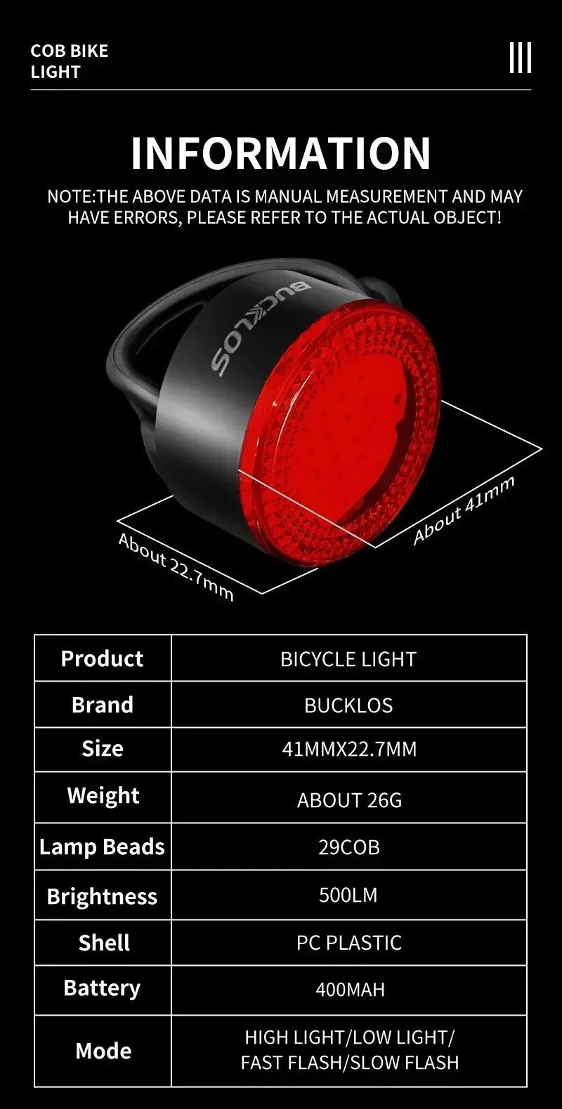 BUCKLOS COB LED Bicycle Light Waterproof USB Rechargeable 1100mAh