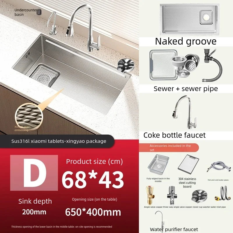 316L Stainless Steels Kitchen Sink Scratch and Grease Resistant Large Single Slot Household Left Right Mount Undermount Basin - Daisan Mart