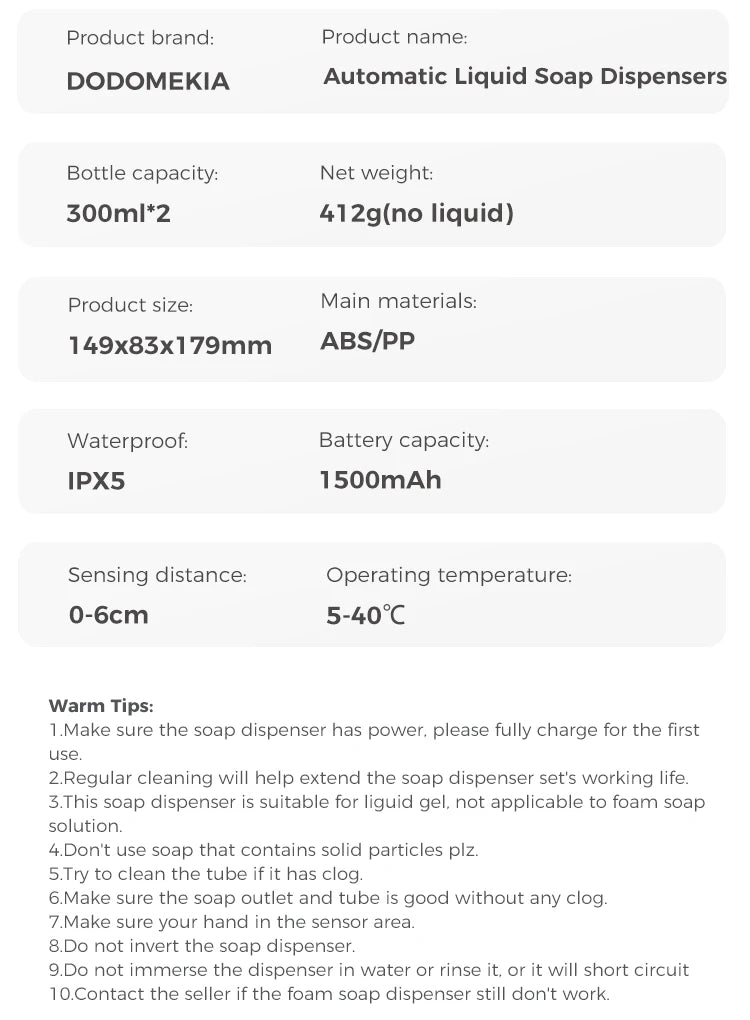 600ml Automatic Foam Soap Dispenser Double-Head Touchless Rechargeable 3-Level Adjustable Induction Sensor for Kitchen Bathroom