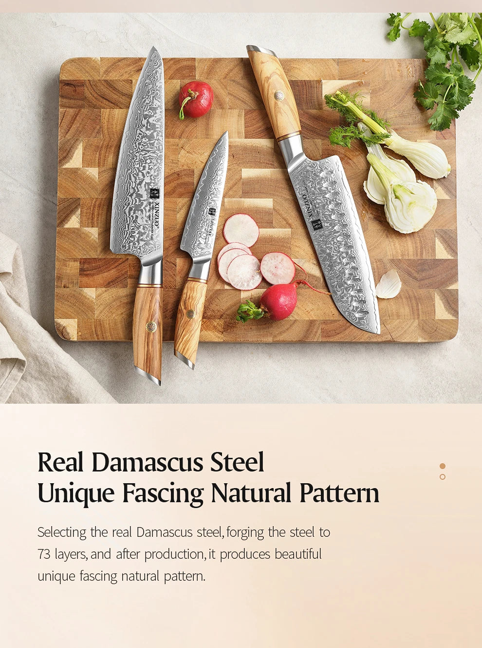 XINZUO 1PC-3PCS Damascus Japanese VG10 Steel Chef Knife Santoku Knife Utility Knife Olive Wood Handle with Copper Flower Nails - Daisan Mart