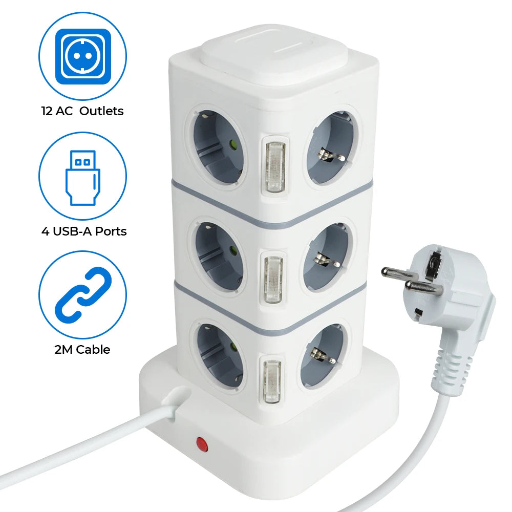 Ổ Cắm Đa Năng 12 Lỗ 4 USB Dây Dài 2.8m Chống Quá Tải