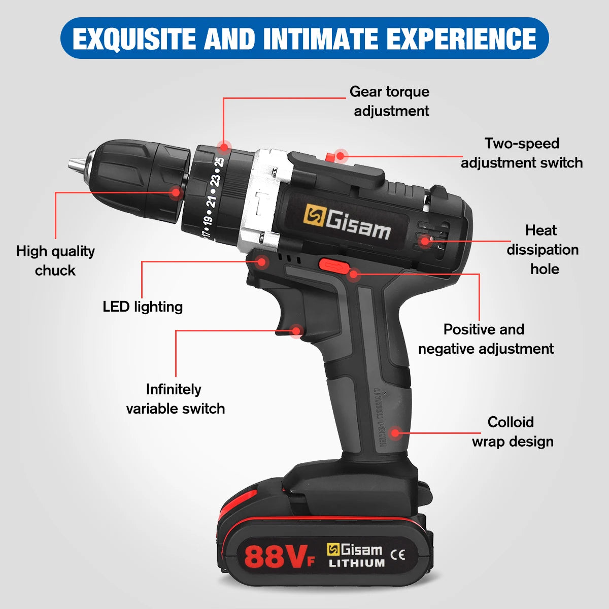 21V Cordless Drill Electric Impact Drill Rechargeable Electric Screwdriver Lithium-Ion Battery 2 Speed ​​DIY Driver Power Tools