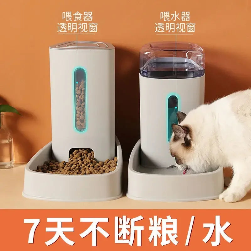 Máy cho ăn và uống tự động màu xám, mèo trắng uống nước, nền cam.