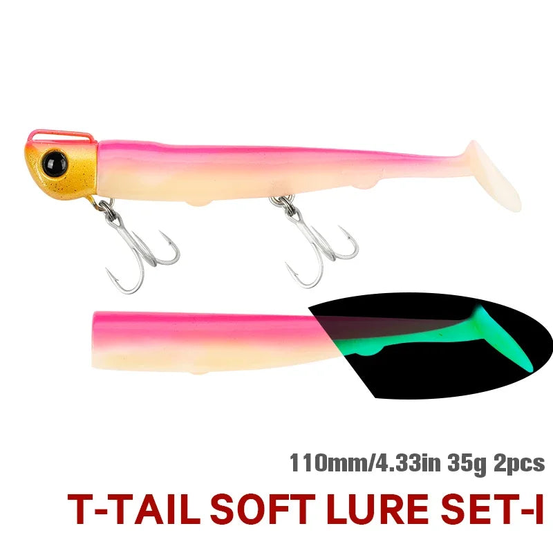 TSURINOYA Sinking Large Baits 110mm/35g Long Casting Jig Head T Tail Soft Lure Set 2pcs Tail Flounder Seabass Fishing Lure
