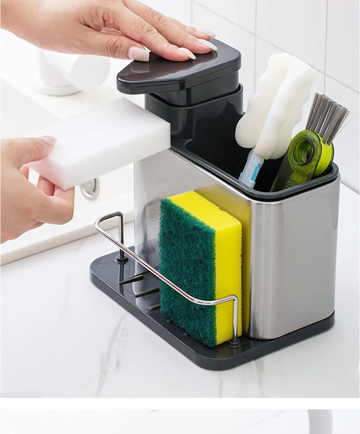 3-in-1 Stainless Steel Dishwashing Liquid Rack, Compact and Convenient for the Kitchen
