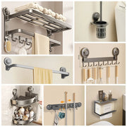 Gray Bath Hardware Set Suction Cup Bathroom Accessories Suit Wall-mounted Folding Towel Rack Towel Bar Corner Storage Organizer