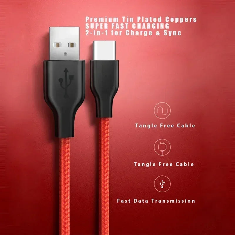 Dây cáp đỏ, đầu USB-A và USB-C màu đen, nền đỏ, văn bản về sạc nhanh, chống rối.