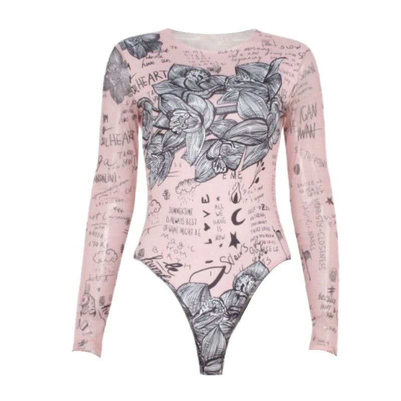 Sexy Floral Mesh Bodysuit Long Sleeve Women Corset