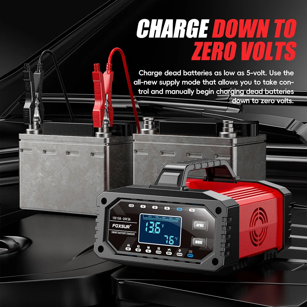 Car Battery Charger Protect Quick Charger Multiple Protections Intelligent Full Automatic 12V/24V LCD Display