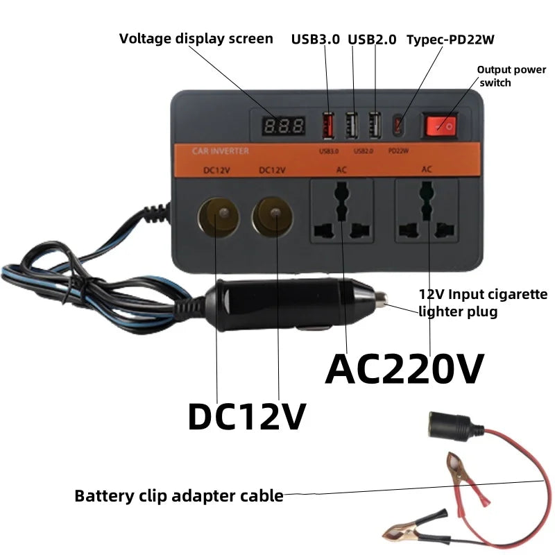 Bộ đổi nguồn ô tô 12V 300W, AC220V, USB+TypeC PD22W - Daisan Mart