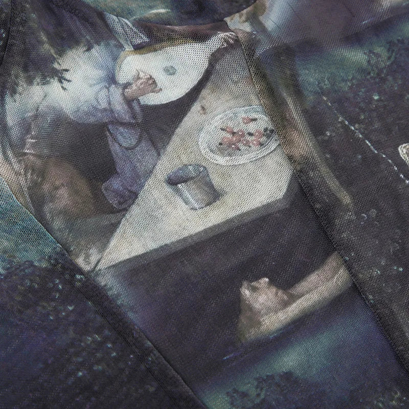 Goth Dark 90s Retro Print Mesh Long Sleeve Skinny Bodysuits Cyber ​​Y2K Sheer Tops Women Gothic Lace Patchwork Bodysuit Streetwear