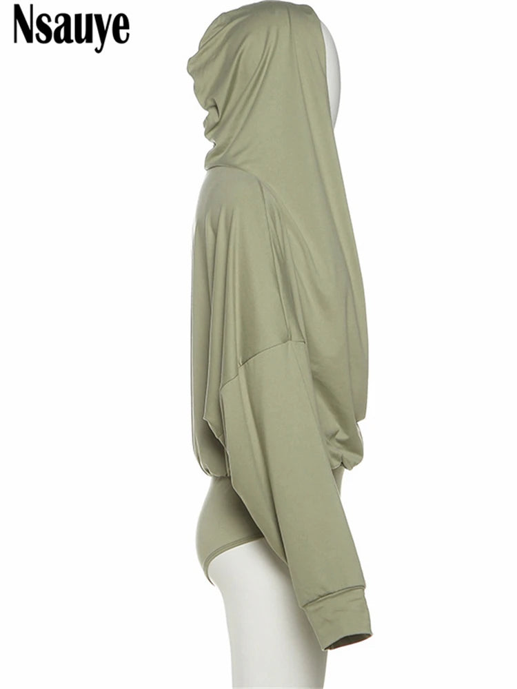 Nsauye 2025 Autumn Winter New Women Sexy Long Sleeve Hooded Bodysuit Streetwear Fashion Body Tops Fashion Solid Lady Jumpsuit