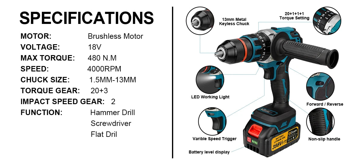 Brushless Electric Impact Drill Ice Breaking Fishing Cordless Screwdriver Rechargeable Battery Hand Drill Power Tools 13MM 480NM
