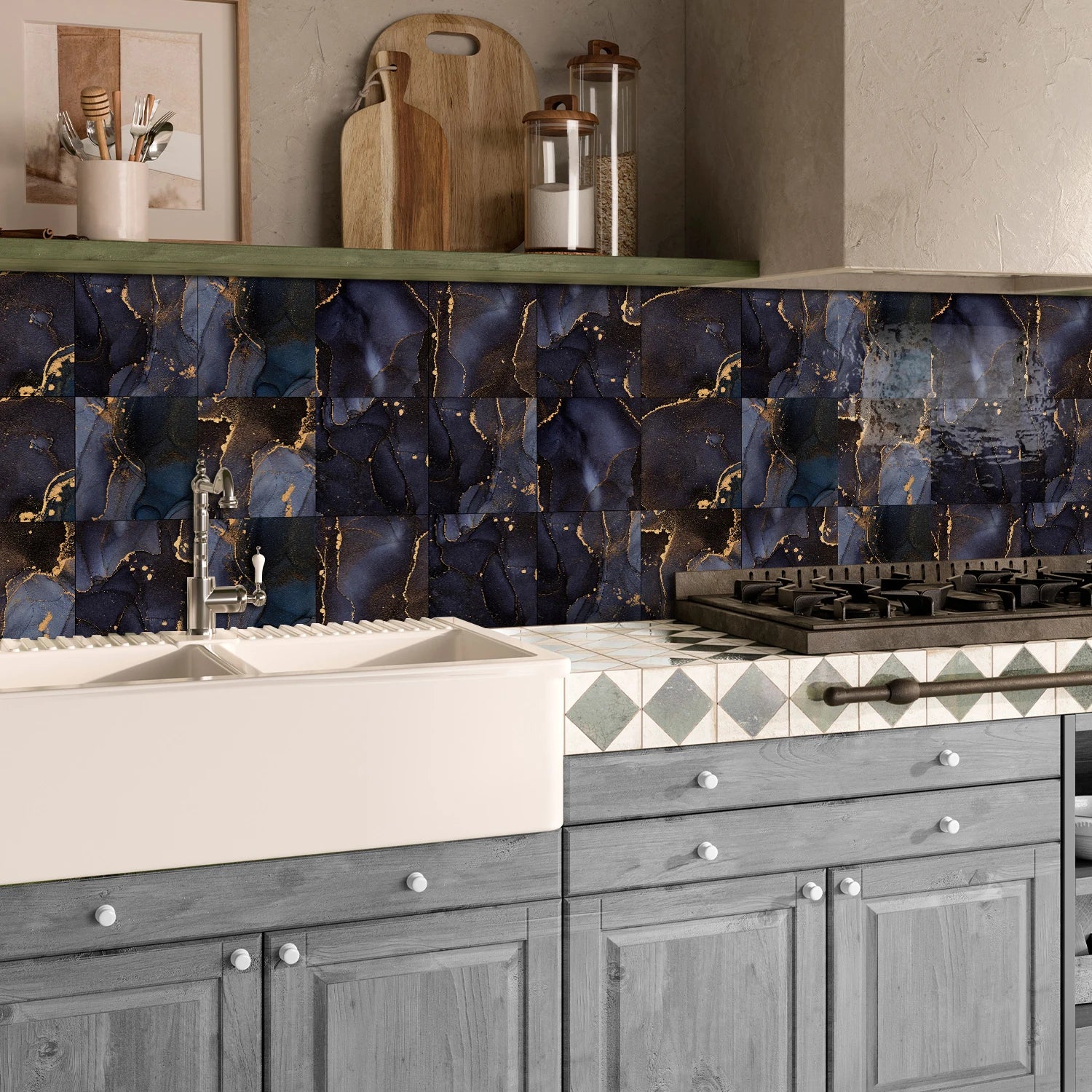 8PCS/Set Minimalist Black Marble Wall Stickers, Kitchen Bathroom Waterproof Self-Adhesive Ceramic Tile Stickers, Room Wallpaper