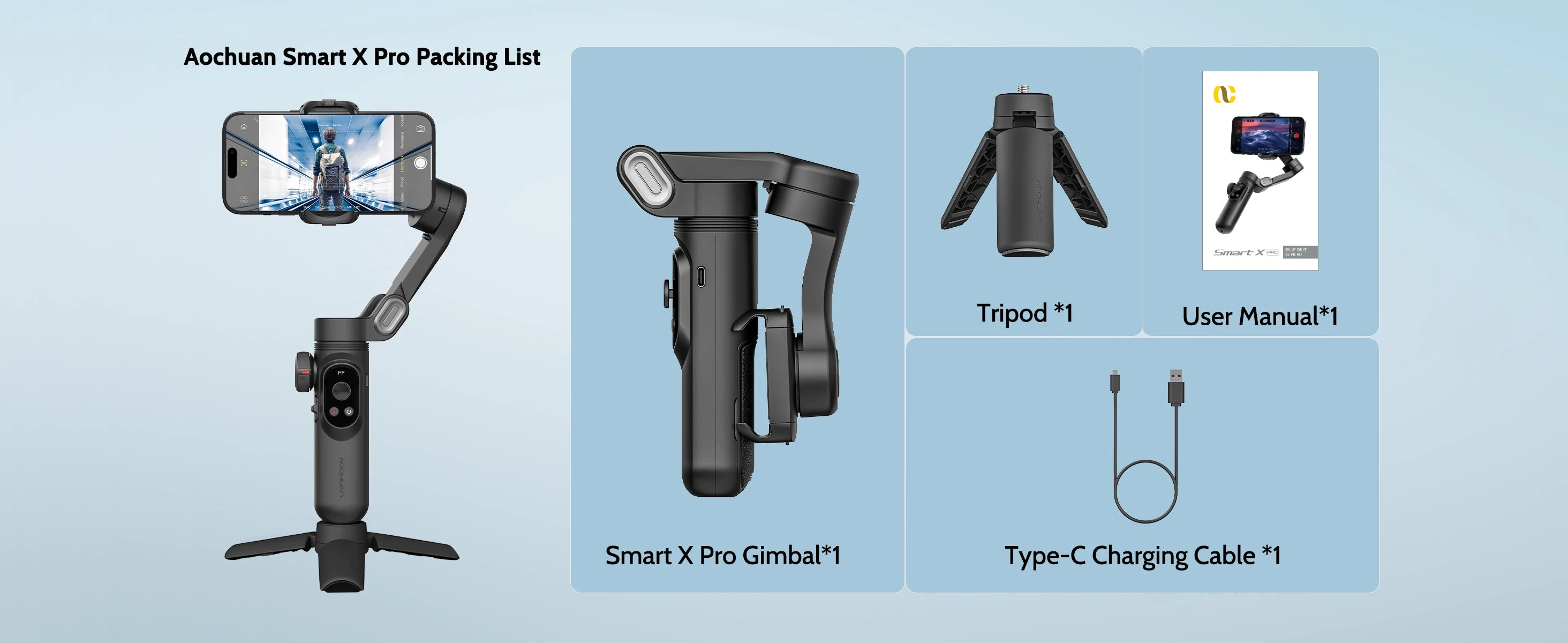 AOCHUAN Smartphone Gimbal Stabilizer OLED screen with LED lights 3-axis gimbal Stabilizer for Android and iPhone Smart XproBlack