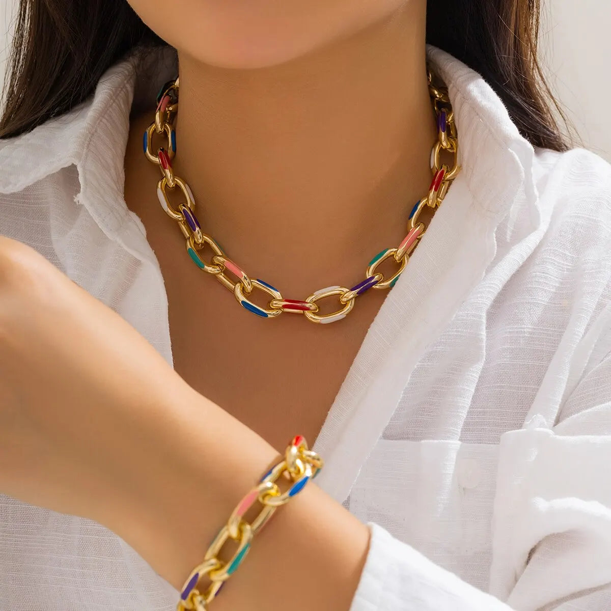 2Pcs/Set Colorful Bohemian Fashion Choker Necklace Bracelet Jewelry Set Classic Cross Chain Accessories for Women Gift Party - Daisan Mart