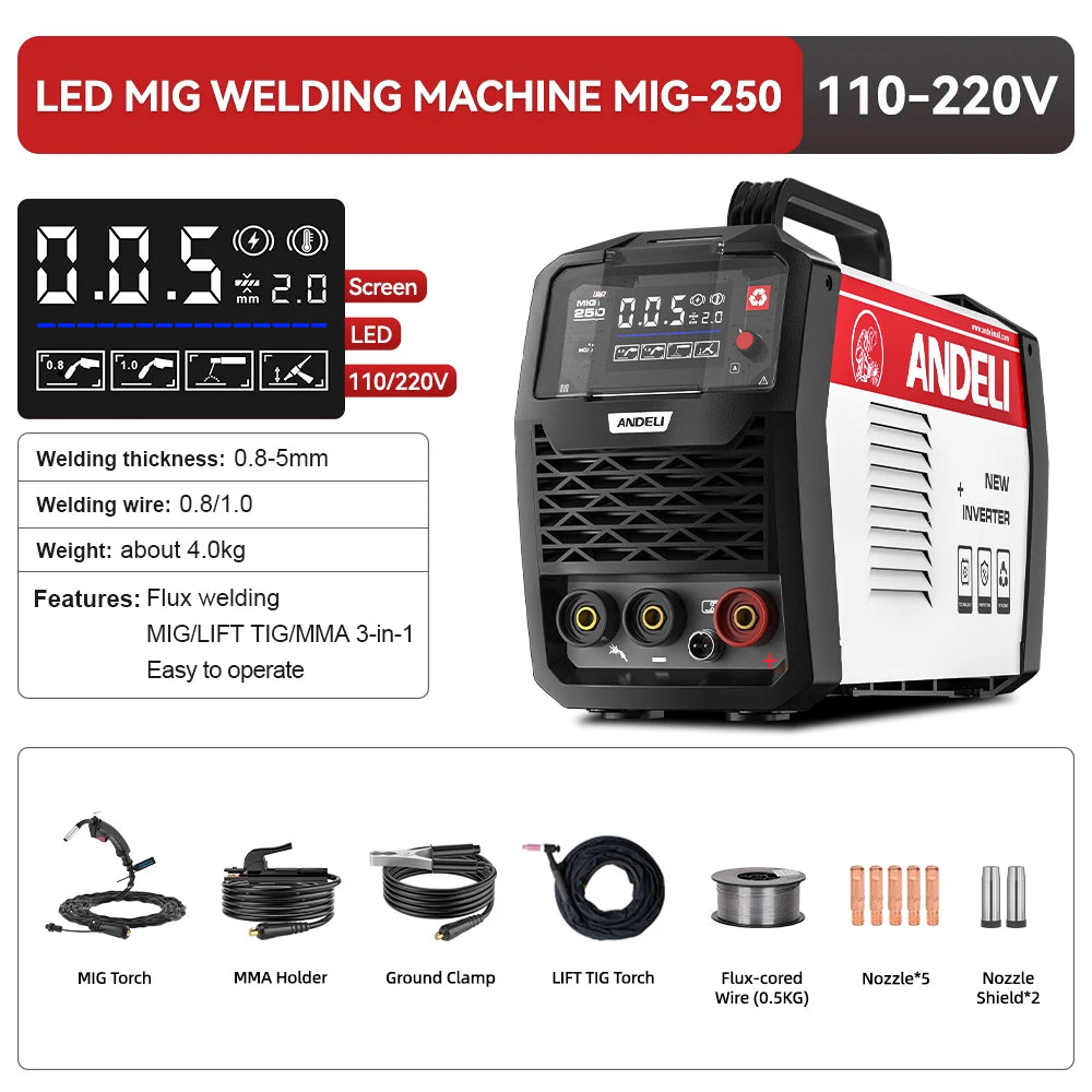 ANDELI MIG-250 MIG Welders MIG MMA Lift TIG 3 in 1 Inverter Semi-automatic Welding Machine With Flux Cored Wire Metal Welding - Daisan Mart
