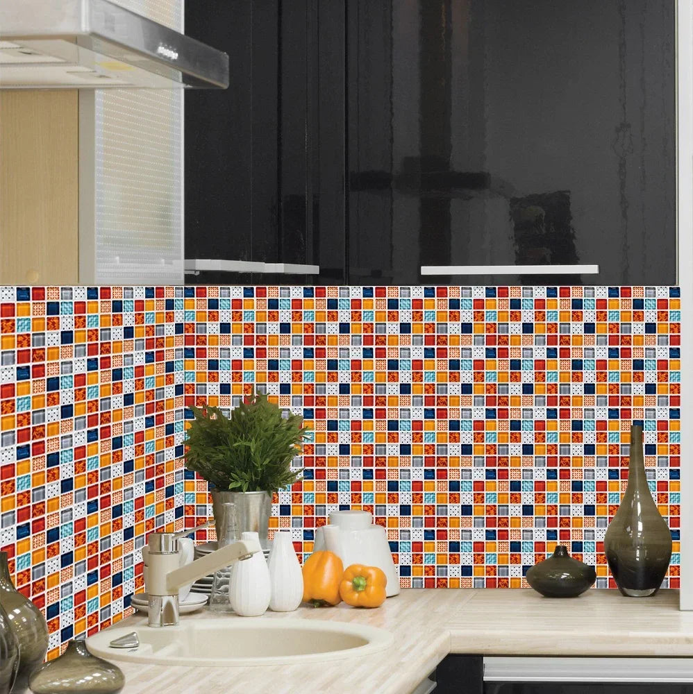 Colorful Marble Mosaic Wall Panels, 10PCS 10/15/20/30cm PVC Tiles, Peel &amp; Stick Oil-Proof Kitchen Wardrobe Art, Modern Home