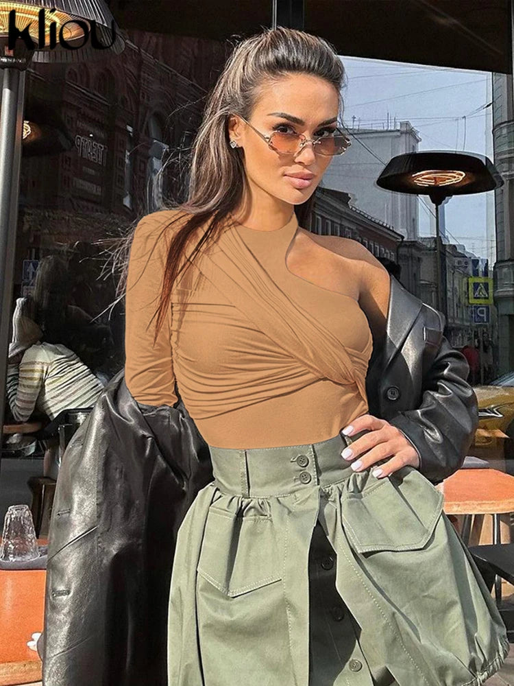 kliou Classic Solid Women Bodysuits Autumn All-matched Stacked Ruched Incline Shoulder Skinny Rompers Female Trend Street  Tops - Daisan Mart