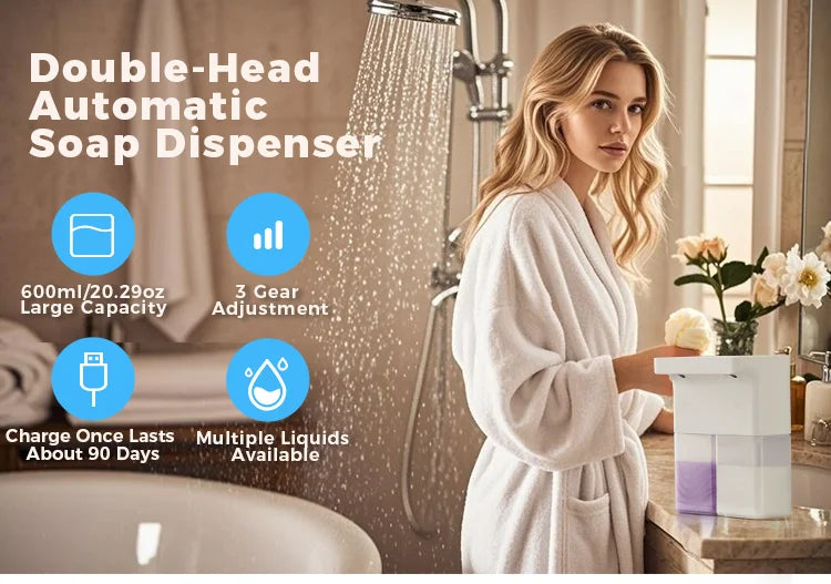 600ml Automatic Foam Soap Dispenser Double-Head Touchless Rechargeable 3-Level Adjustable Induction Sensor for Kitchen Bathroom