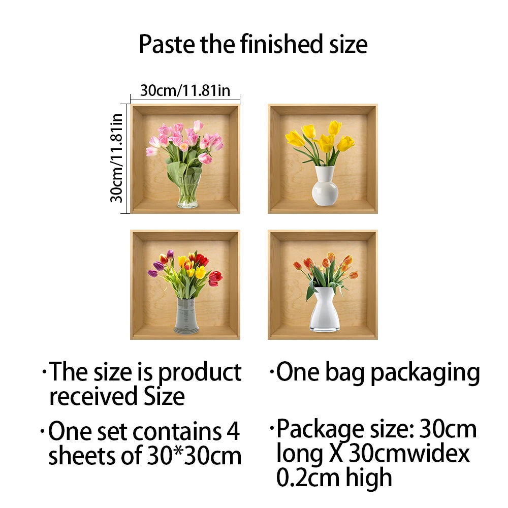 4pcs/set Simulated Plant Potted Plants Cabinet Decoration Wall Stickers Peel &amp; Stick Waterproof PVC Frameless Wall Art Mural