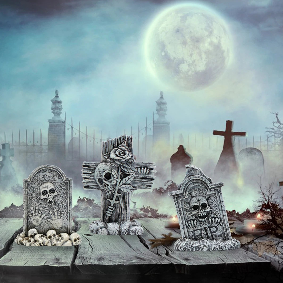 3-piece set of tombstone resin crafts, terrifying decorative statues in courtyard gardens, Halloween decorative statues, bonsai