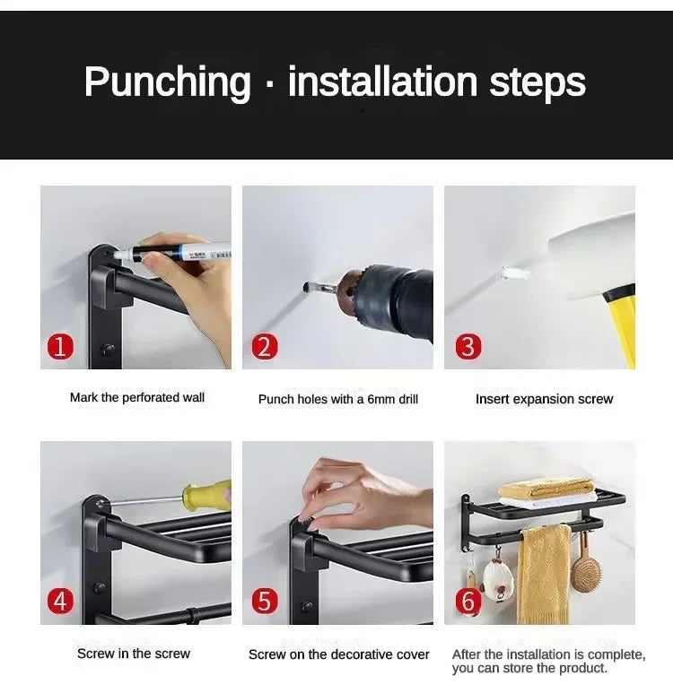 40/50/60CM No Drilling Towel Rack Fold Self-adhesive Wall Hanger Rail Bracket Black Aluminum Shower Bathroom Accessories Holder