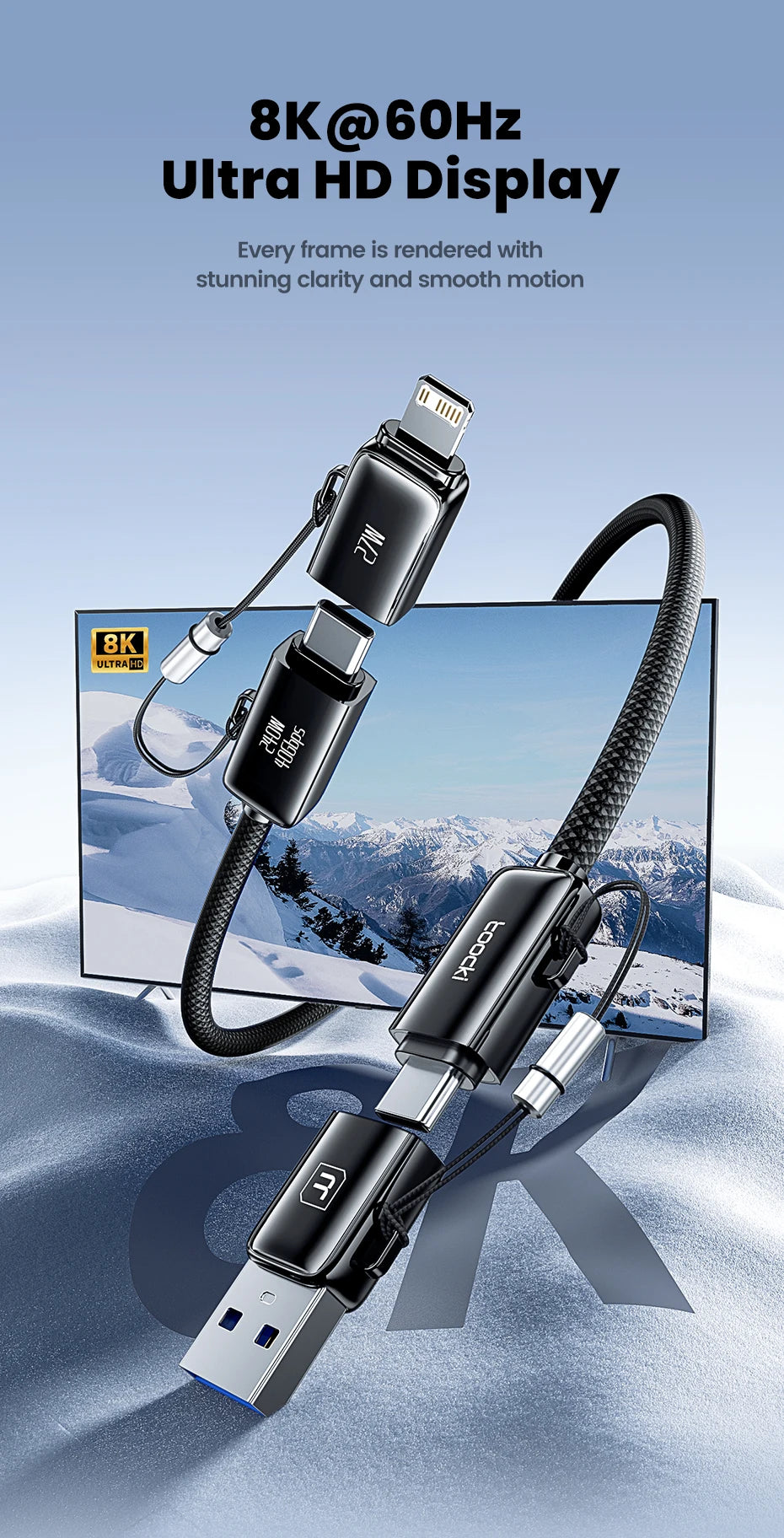 Toocki 240W 4-in-1 USB Cable PD 3.1 USB C To Type C TO Lighting 8K@60Hz 40Gbps Data Cable For iPhone 16 15 Samsung S23 Macbook