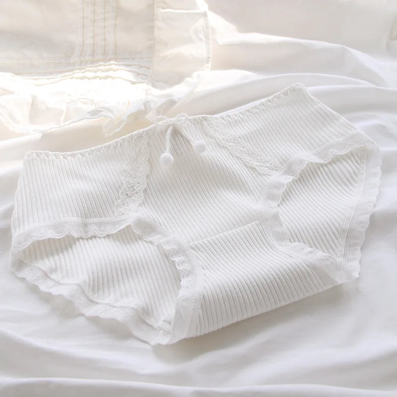 Women's Cotton Panties - White Lace, Seamless, 5 Pieces