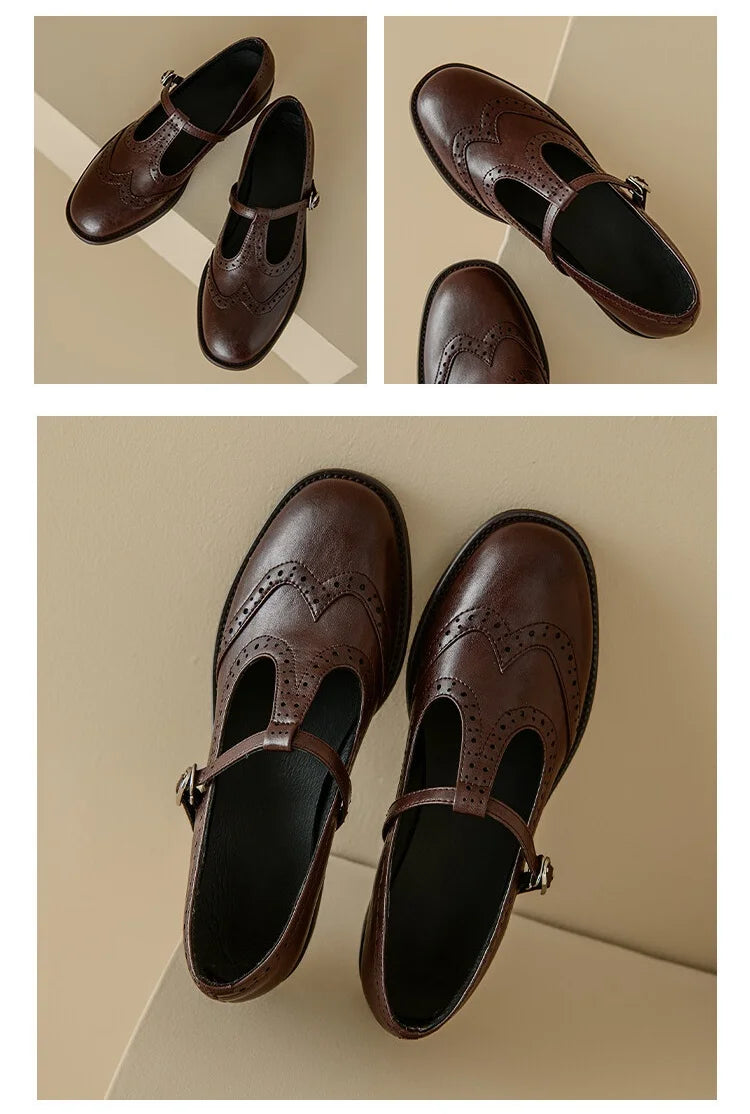Women's Retro Oxford Shoes Vintage Perforated Genuine Leather