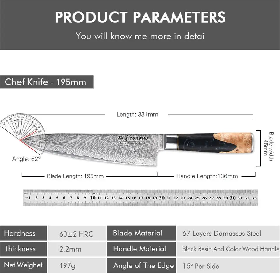 TURWHO 8 Inch Chef Knife Gyuto Knife Japanese Style VG10 Core Damascus Kitchen Knives Stainless Steel Butcher Knife Resin Handle - Daisan Mart