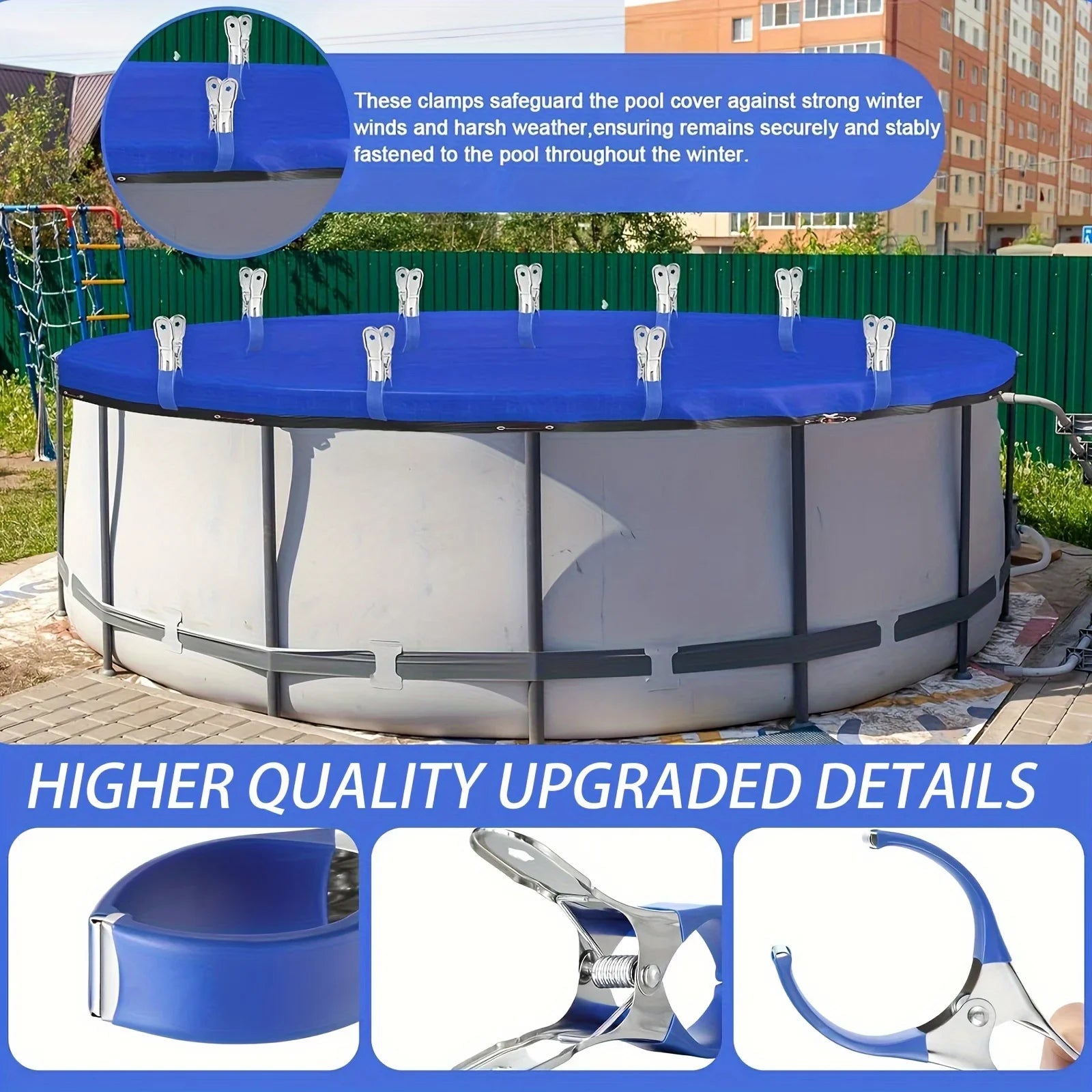 12pcs Durable Stainless Steel Pool Cover Clips with Blue Plastic Handle - Suitable for Ground Pool Covers and Photography