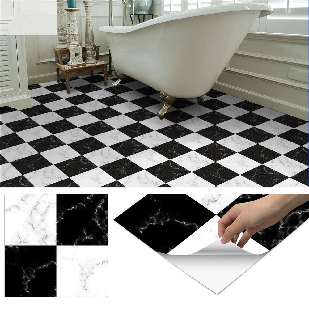 Black And White Mosaic Tiles Marble Texture Floor Sticker Kitchen Floor Renovation Decorative Stickers Self-adhesive Wallpaper