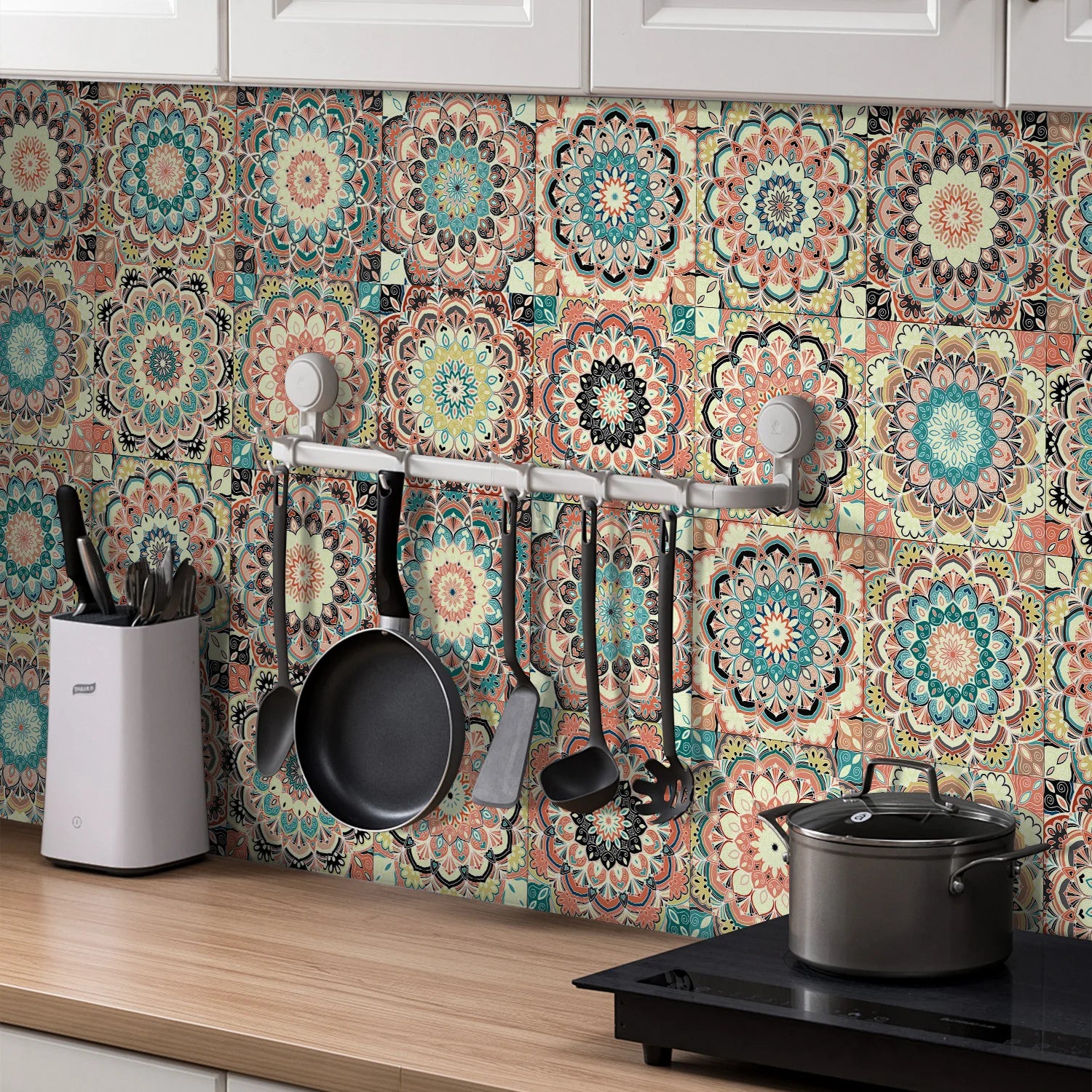24 pieces of Mandala Pattern Glossy Self-adhesive Tile Stickers for Kitchen and Bathroom Removable Waterproof 3D Wall Decal