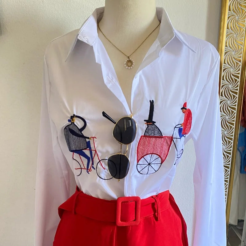 Áo Sơ Mi Thêu Cotton Tay Dài Nữ Công Sở Thu 5083