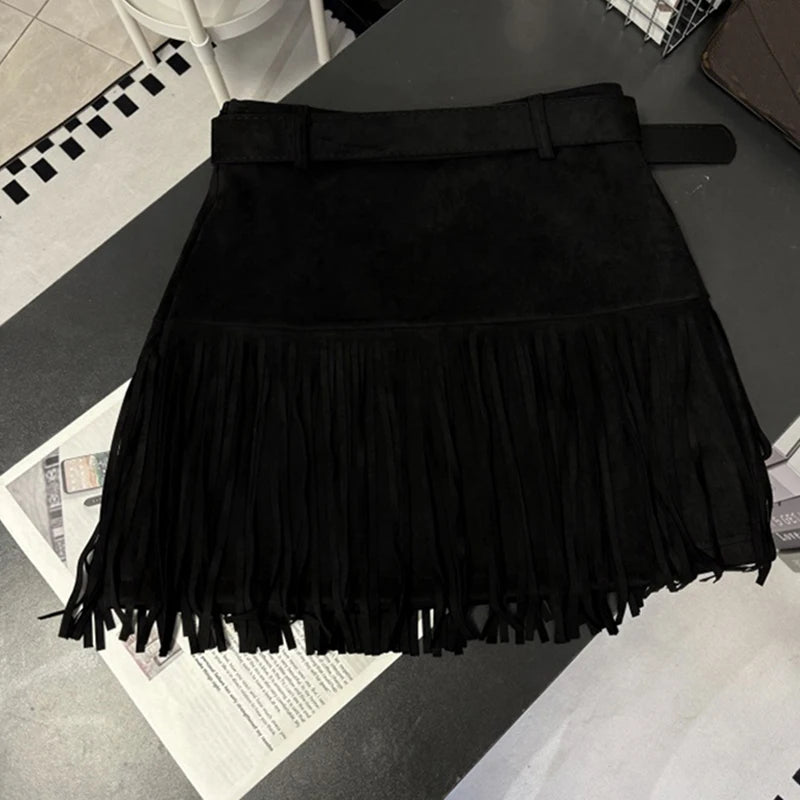 MEXZT Vintage Suede Mini Skirt Women Y2K Tassel Patchwork Black Hip Wrap Skirts Fall Winter Gyaru Streetwear Korean Slim Faldas - Daisan Mart