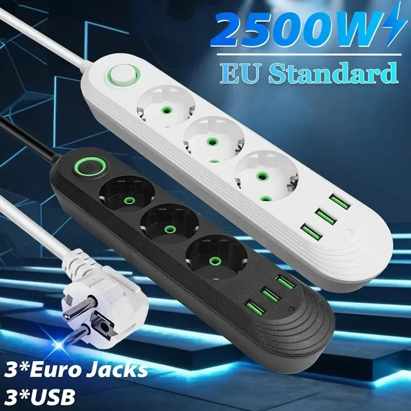 Ổ Cắm Điện EU 2500W 2M, 3USB Sạc Nhanh & Dây Dài
