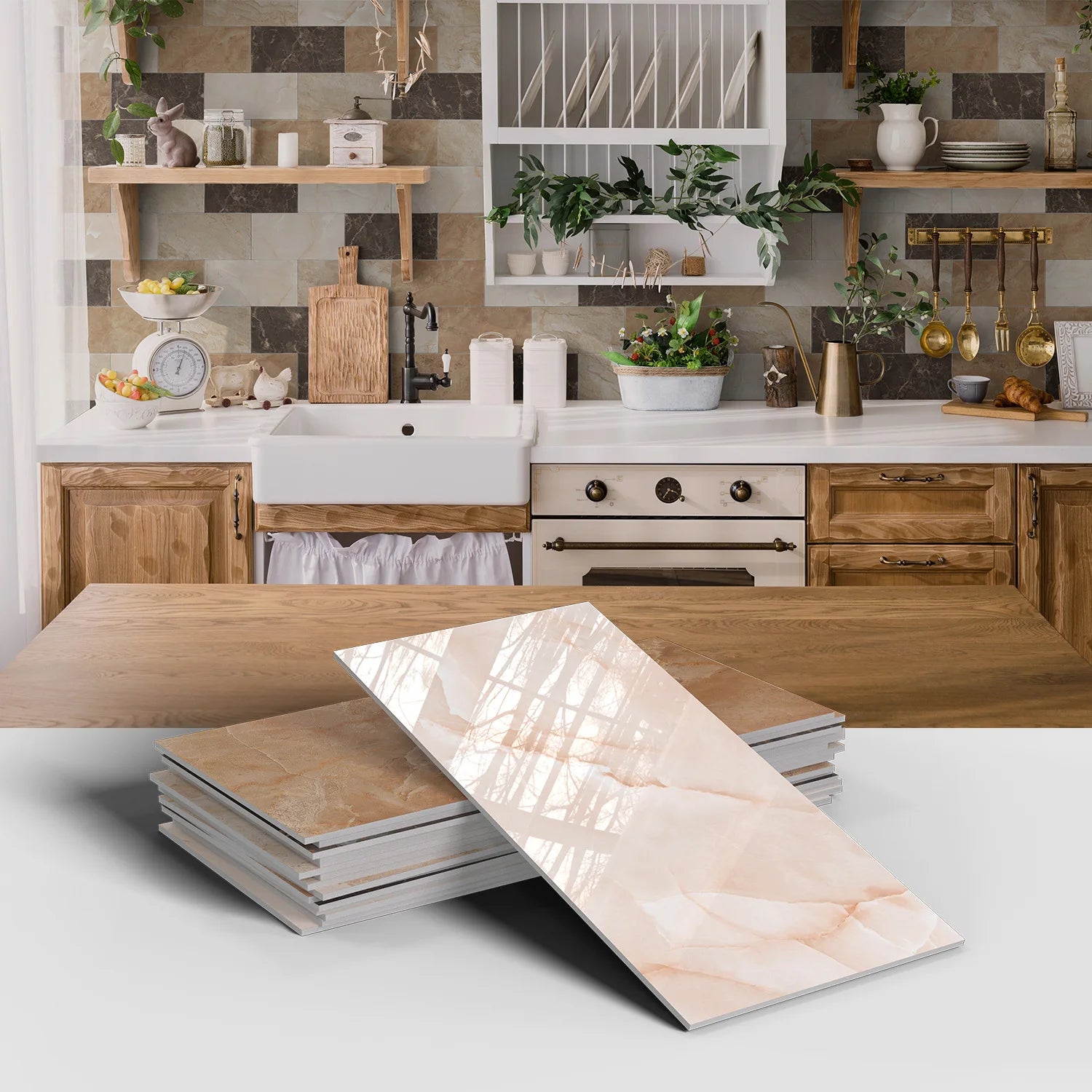 Set of 16 Waterproof Stone Pattern Foam Wall Stickers for Kitchen