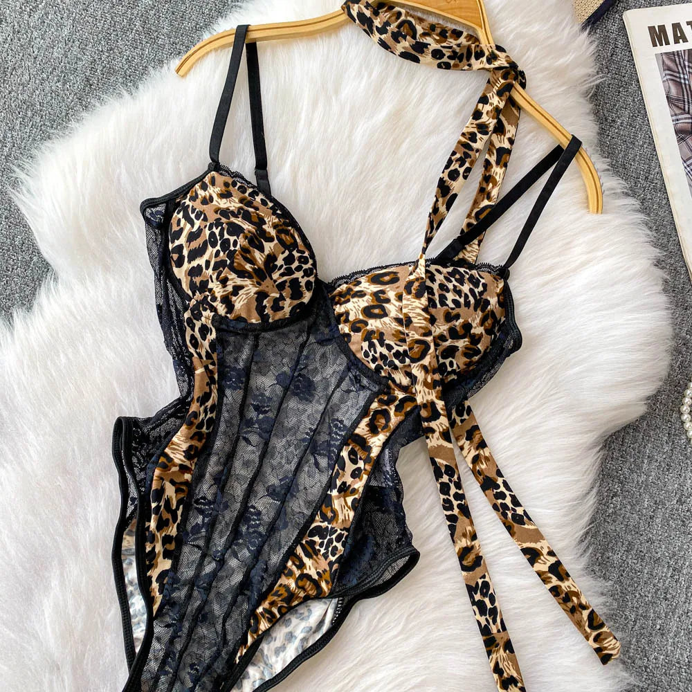 Women Hotsweet V-neck leopard slim Vintage Straps Bodysuits Chic lace Jumpsuits Slim Top Clothing