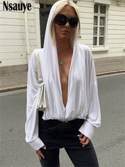 Nsauye 2025 Autumn Winter New Women Sexy Long Sleeve Hooded Bodysuit Streetwear Fashion Body Tops Fashion Solid Lady Jumpsuit