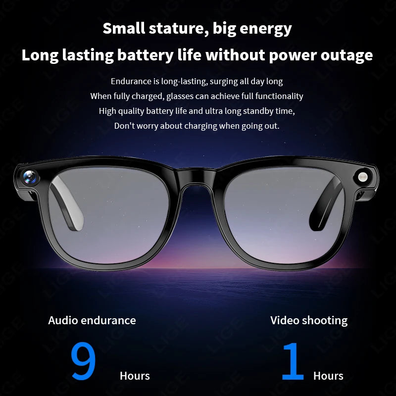 LIGE AI Smart Glasses 8MP HD Camera Video Bluetooth Call 270mAh Voice Control Identify Objects Translate Sunglasses Lenses Gifts