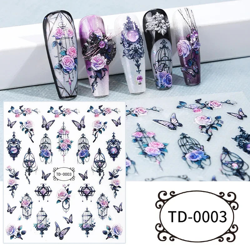 3D Black Purple Halloween Nail Stickers Gothic Skull Rose Butterfly Nail Decals for Festival Nail Decor Manicure Sliders