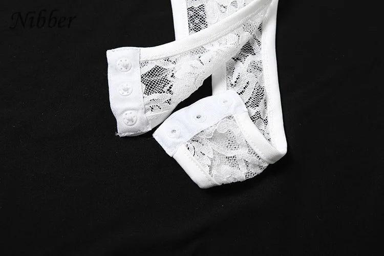 Nibber Lace up Woman Letter Print Bodysuits U Collar Hollow Out Long Sleeves Skinny Mesh Look Slimmer Korean Hottie Outfits