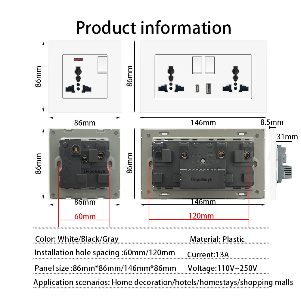 Ổ Cắm Đa Năng Sạc Nhanh 18W USB Type-C 3 Chân 220V